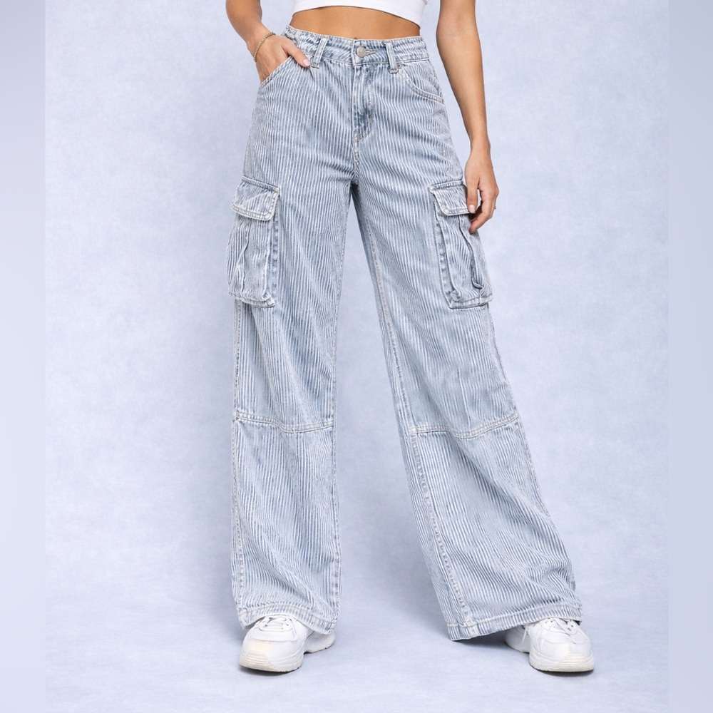 Y2K Striped Cargo Jeans | Distressed High Rise Pants Whimsigoth Gorpcore Chunky